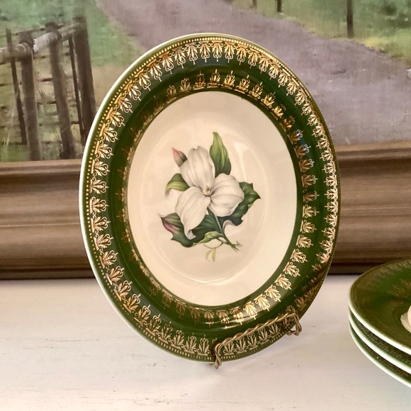 4 soup bowls American Limoges L'Triomphe Trillium Forest Green Dinnerware 22K - Picture 6 of 9